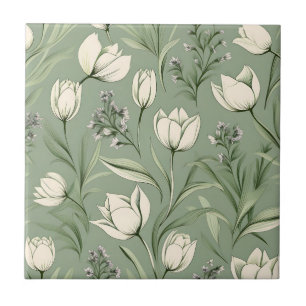 Carreau Tulipes Avec Feuilles Sur Vert Sage Clair