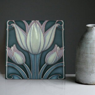 Carreau Tulipes blanches sur l'Art Nouveau symétrique bleu