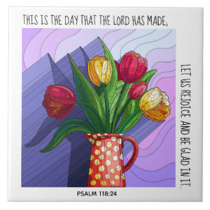 Carreau Tulipes dans Vase avec Psaume verset 118:24