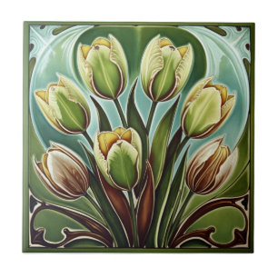 Carreau Tulipes jaunes floraux Art Nouveau vintage