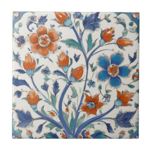 Carreau Turc Ottoman Vintage Floral Bleu & Fleurs rouges