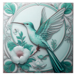 Carreau Turquoise Art Nouveau floral colibri faux relief