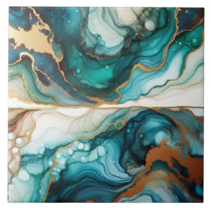 Carreau Turquoise Bleu et Or Encre Alcoolique