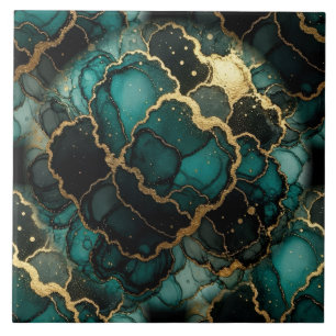 Carreau Turquoise Bleu, Noir et Or Encre Alcoolique