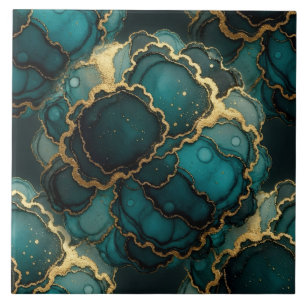 Carreau Turquoise Bleu, Noir et Or Encre Alcoolique