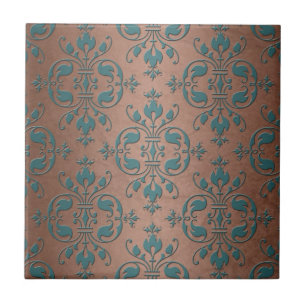 Carreau Turquoise fantaisie sur Damas de cuivre brunâtre