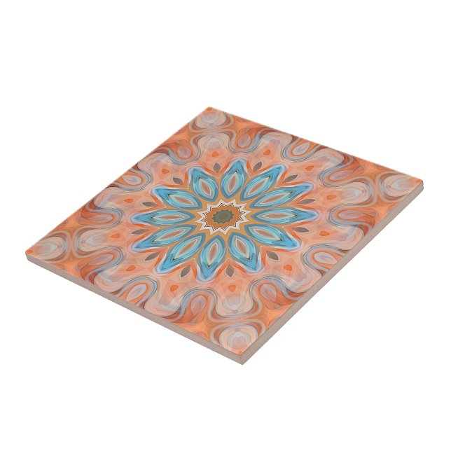 Carreau Turquoise Peach Orange Red Mandala Motif Sun (Côté)