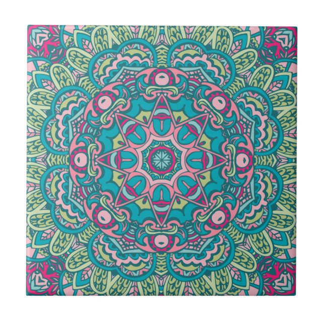 Carreau Turquoise, rose, vert et jaune Boho Mandala Décora (Devant)
