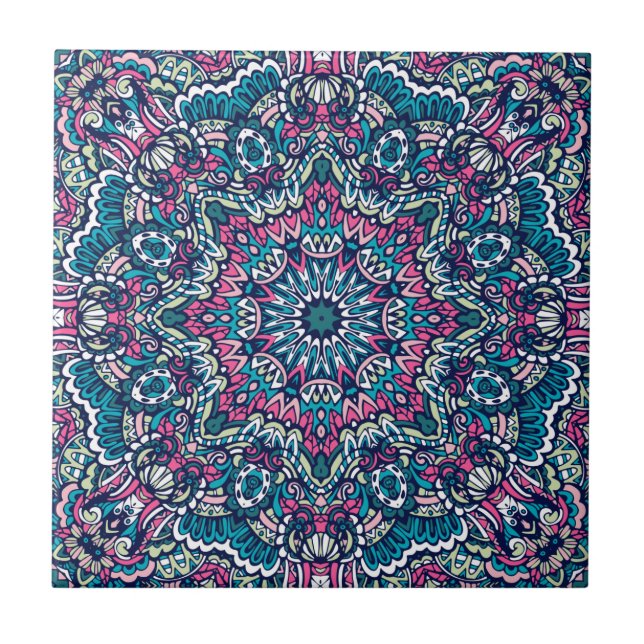 Carreau Turquoise, rose, vert et marine Vibrant Boho Manda (Devant)