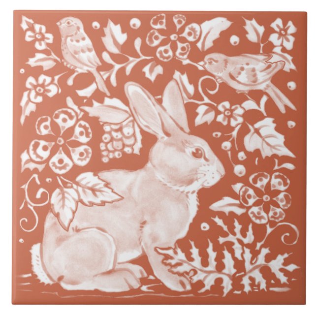 Carreau Turquoise Tan Rust Rabbit Bird Woodland Face droit (Devant)