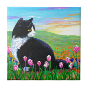 Carreau Tuxedo Cat Tulips Créationarts
