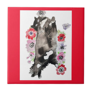 Carreau Tuxedo Chat Cute Jolie Fleurs Chats Aquarelle