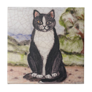 Carreau Tuxedo Chat noir et blanc Paysage antique Vintage