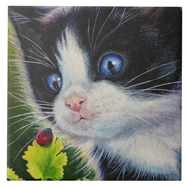Carreau Tuxedo Kitten & Ladybug Watercolor Art (Devant)