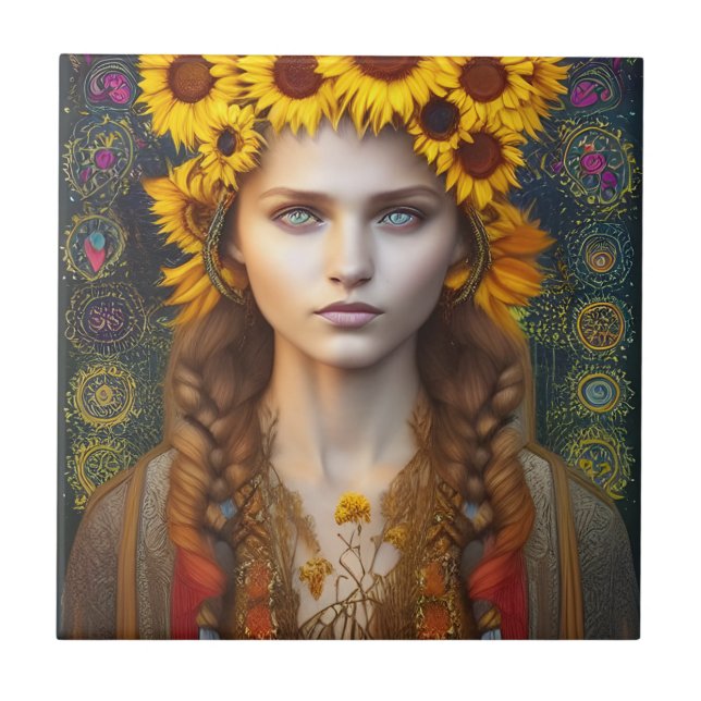 Carreau Ukrainienne fille d'amulettes et de tournesols (Devant)