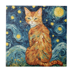 Carreau Un chat Tabby Gingembre dans la nuit étoilée