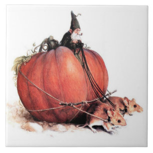 CARREAU UN GNOME MONTANT UN CITROUILLE TIRÉ PAR DES SOURIS