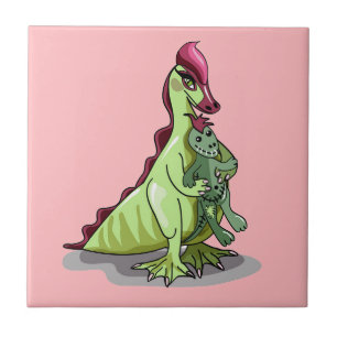 Carreau Un Hadrosaurus Féminin Tenant Une Poupée.