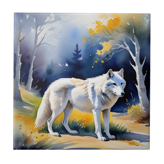 Carreau Un loup dans une aquarelle de forêt (Devant)