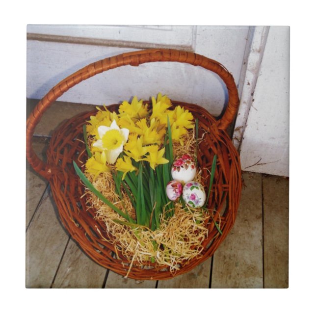 Carreau Un panier de jonquilles jaunes et d'oeufs de Pâque (Devant)