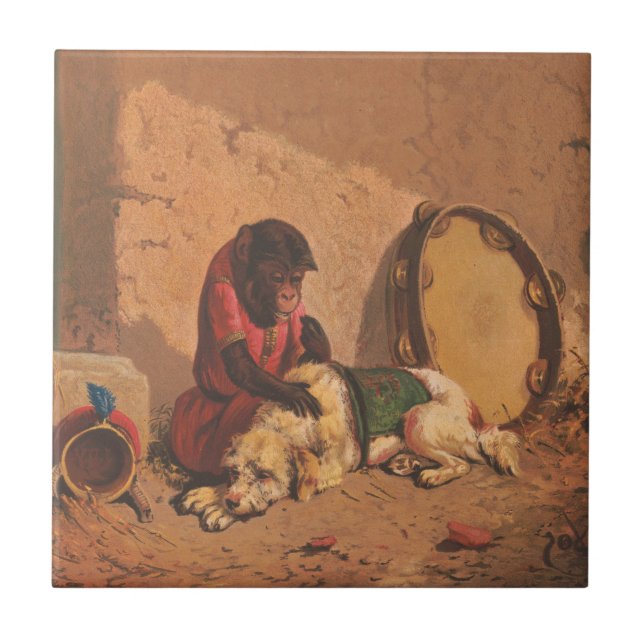 Carreau Un Singe Et Un Chien Avec Un Grand Tambourin (Devant)