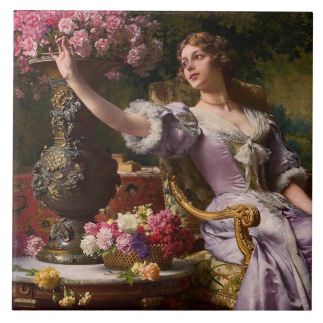 Carreau Une Dame En Robe Lilac Avec Fleurs (Devant)