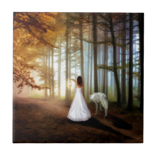 Carreau Une femme marche avec un loup