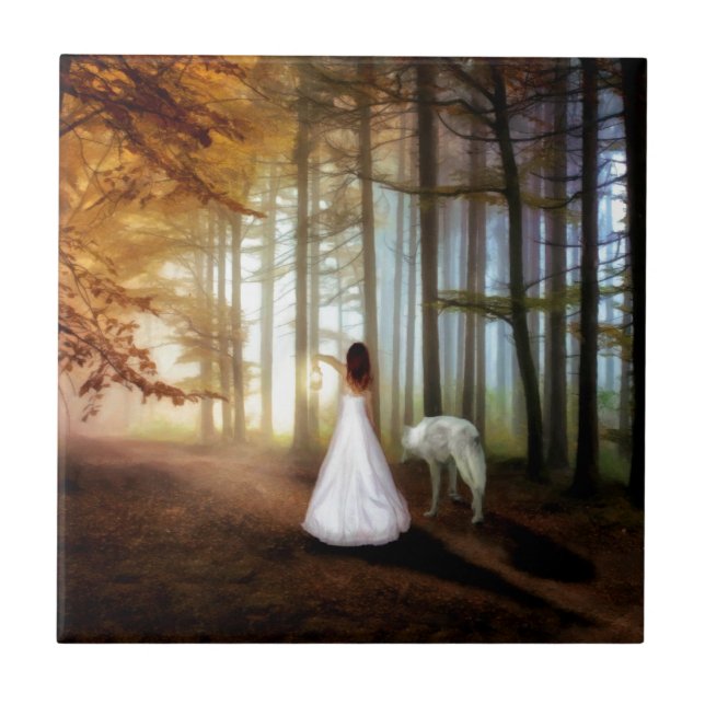 Carreau Une femme marche avec un loup (Devant)