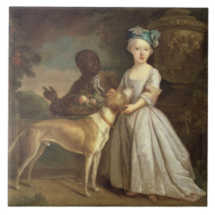 Carreau Une jeune fille avec un chien et une page, 1720-30