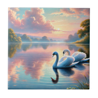 Carreau Une paire de cygnes planant sur un lac serein