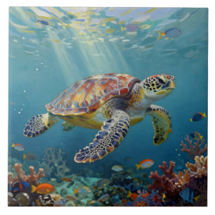 Carreau Une Tortue de Mer et des Rayons de Soleil dans l'O