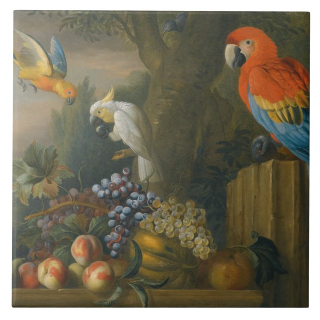 Carreau Une vie morte avec des fruits, des perroquets et u (Devant)