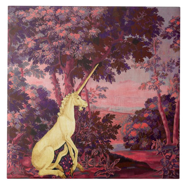 Carreau UNICORN EN PAYSAGE EN BOIS, ARBRES, Bleu rose (Devant)