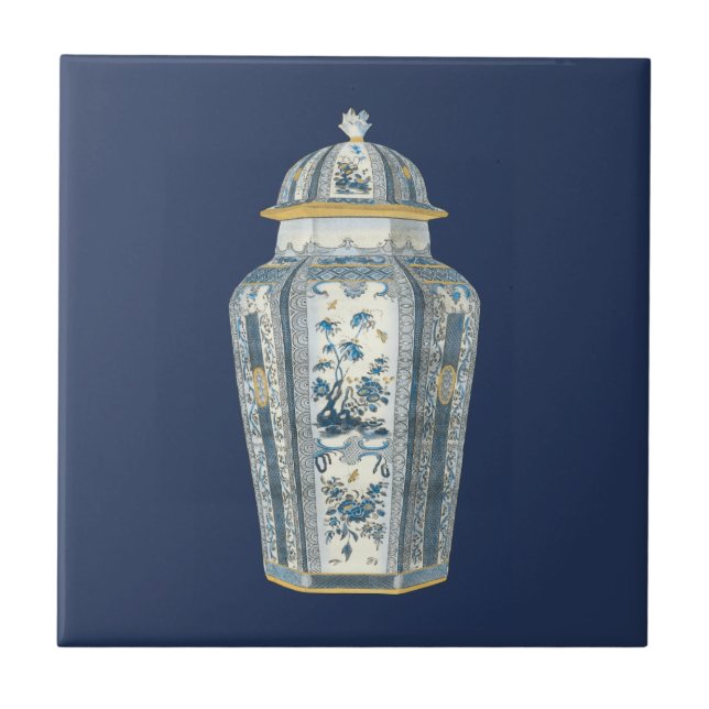 Carreau Urne asiatique décorative en bleu et blanc (Devant)