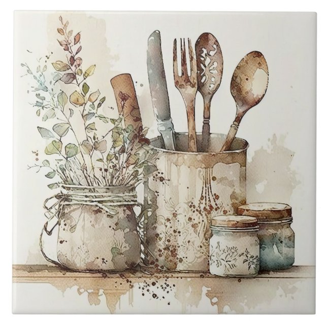 Carreau Ustensiles de cuisine Aquarelles rustiques Carrela (Devant)