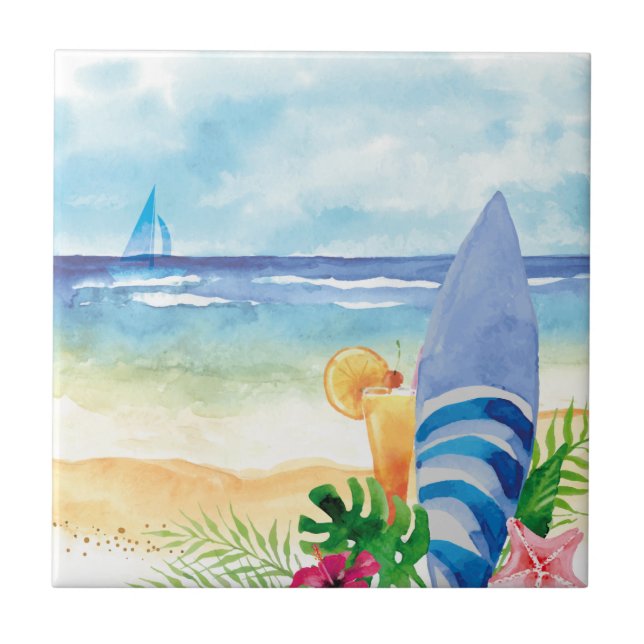 Carreau Vacances de surf d'Hawaï - art d'aquarelle (Devant)