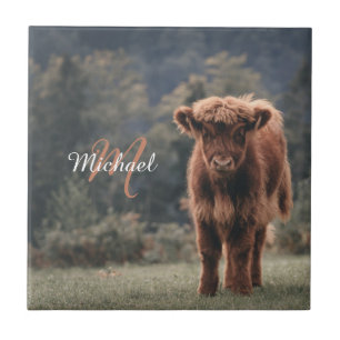 Carreau Vache de Highland calvaire herbe d'automne monogra