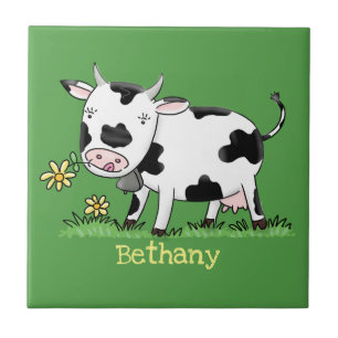 Carreau Vache mignonne en vert dessin animé sur le terrain