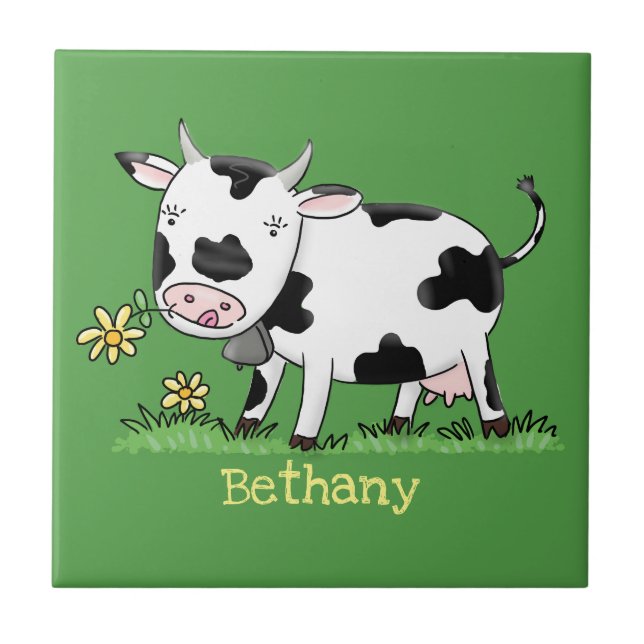 Carreau Vache mignonne en vert dessin animé sur le terrain (Devant)