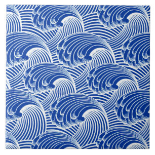 Carreau Vagues japonaises vintages, bleu de cobalt et