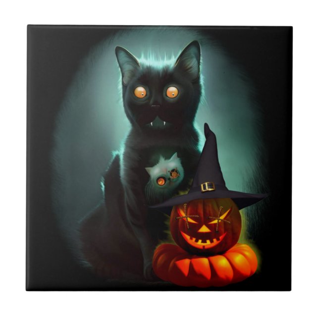 Carreau Vampire Chat et Assistant Citrouille Halloween Sur (Devant)