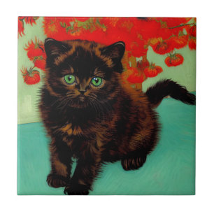 Carreau Van Gogh Chat noir Fleurs rouges