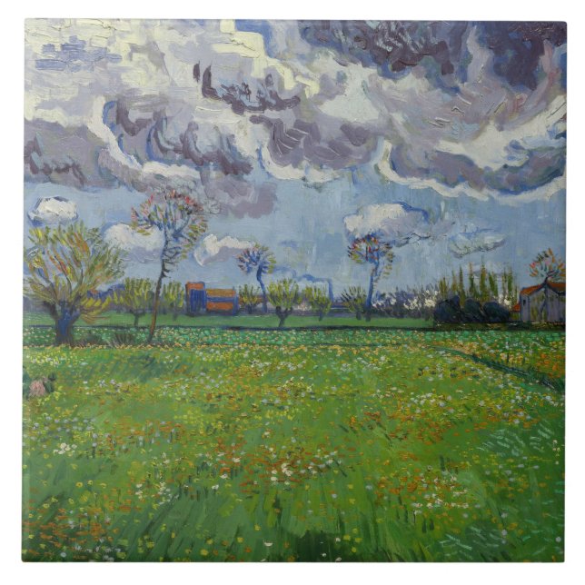 Carreau Van Gogh Meadow avec des fleurs sous un ciel orage (Devant)