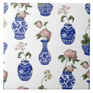 Carreau Vases et fleurs bleus de chinoiserie