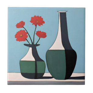 Carreau Vases noirs et blancs avec fleurs rouges