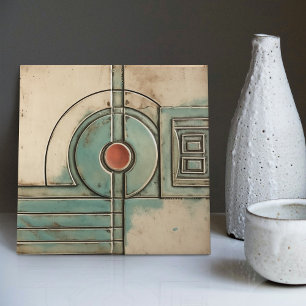 Carreau Ventilateur Art déco et cercle Tan Rusty Turquoise