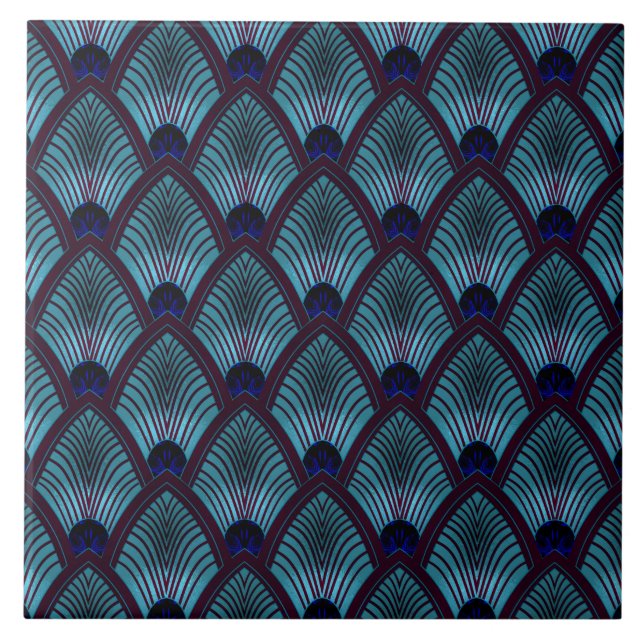 Carreau Ventilateur Sunburst Art déco en bleu métallique (Devant)