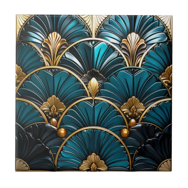 Carreau Ventilateurs en plumes bleues Art déco et Accents  (Devant)