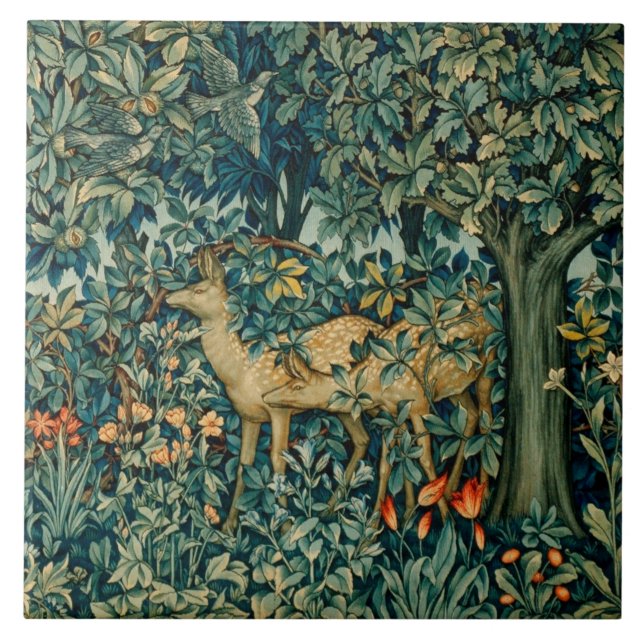 Carreau VERDURE, ANIMAUX FORESTIERS, DOES, OISEAUX Floral (Devant)