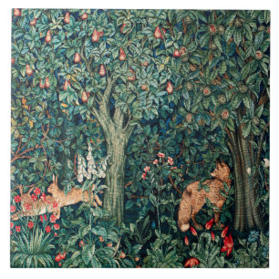 Carreau VERDURE, Hares d'ANIMAUX FORESTIERS, Renard, Flora